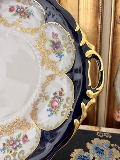 Gran Plato Masitero con Asas Porcelana Aelteste Hutschenreuther Hohenberg Germany Guarda Azul Cobalto Pintado a Mano C1948