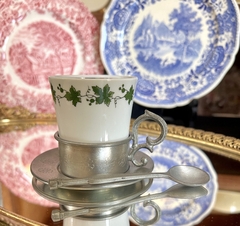 Imagen de Taza para Cafe Porcelana con Montura , Plato y Cuchara de Peltre Elwe Zinn Germany C1970