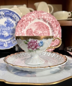 Taza para Te con Plato Porcelana LustreWare Japan Rosas Ala Reticulada C1930