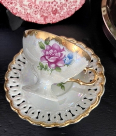 Taza para Te con Plato Porcelana LustreWare Japan Rosas Ala Reticulada C1930 en internet