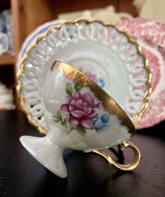 Imagen de Taza para Te con Plato Porcelana LustreWare Japan Rosas Ala Reticulada C1930