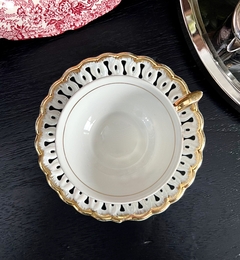Taza para Te con Plato Porcelana LustreWare Japan Rosas Ala Reticulada C1930
