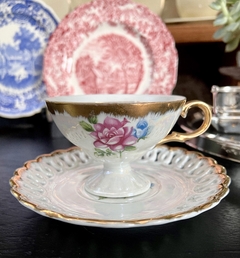 Taza para Te con Plato Porcelana LustreWare Japan Rosas Ala Reticulada C1930 - Funcy Stuff Antiguedades