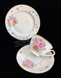 Trio para Te Porcelana Tsuji Bouquet de Rosas Pintado a Mano C1980 - Funcy Stuff Antiguedades