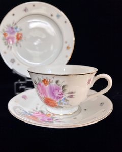 Trio para Te Porcelana Tsuji Bouquet de Rosas Pintado a Mano C1980 - tienda online