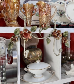 Perchero de Pared 2 Ganchos en Hierro Forjado y Esmaltado Flores y Hojas C1980