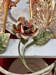 Perchero de Pared 2 Ganchos en Hierro Forjado y Esmaltado Flores y Hojas C1980