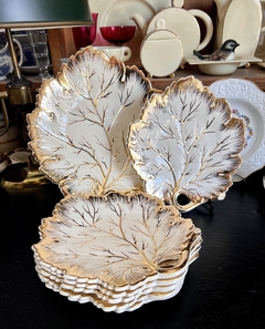 Set para Postre o Lunch x 6 Loza Lindolit Hojas Ivory y Oro C1960 - Funcy Stuff Antiguedades