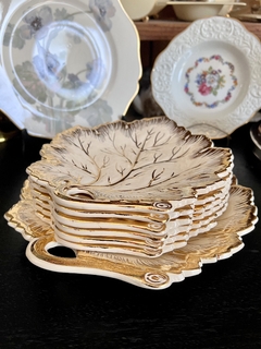 Set para Postre o Lunch x 6 Loza Lindolit Hojas Ivory y Oro C1960