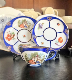 Trio para Te Porcelana Czechoslovakia Export Escenas y Reservas Florales C1950 - tienda online