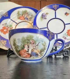 Imagen de Trio para Te Porcelana Czechoslovakia Export Escenas y Reservas Florales C1950
