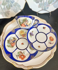 Trio para Te Porcelana Czechoslovakia Export Escenas y Reservas Florales C1950