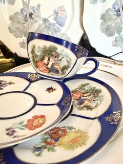 Trio para Te Porcelana Czechoslovakia Export Escenas y Reservas Florales C1950 - tienda online