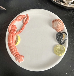 Gran Plato de Ceramica Bassano Italy, Frutos de Mar, Decoracion a Relieve C1970 - tienda online