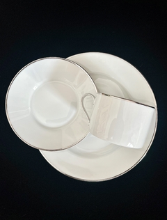 Trio para Te Porcelana Lorenz Hutschenreuther Selb Germany White & Silver Line C1955-1968 - tienda online