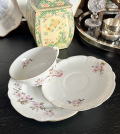 Trio para Te Porcelana Verbano Modleo Flor de Durazno con Vivo en Oro C1980