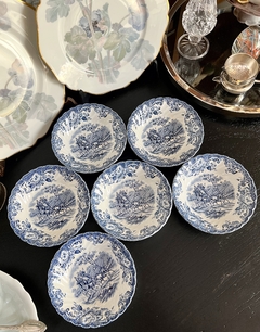 Imagen de Set de 6 Compoteras Loza Johnson Bros England, Pattern Coaching Scenes Azul C1960