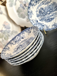Set de 6 Compoteras Loza Johnson Bros England, Pattern Coaching Scenes Azul C1960