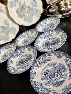 Set de 6 Compoteras Loza Johnson Bros England, Pattern Coaching Scenes Azul C1960 - Funcy Stuff Antiguedades
