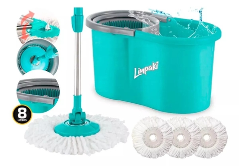 Balde - Mop Esfregão Com Cesto Para Limpeza Geral + 3 Refis