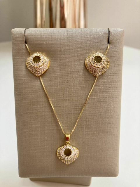 Conjunto Colar e Brinco Coração Zircônias