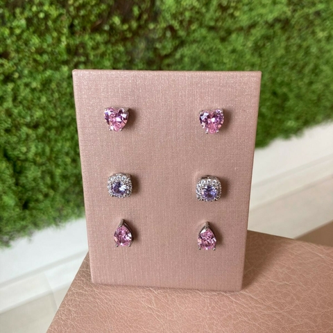 Trio de Brincos Delicados Pedra Fusion Rosa - comprar online