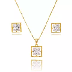 Conjunto de Colar e Brinco Quadrada Banhado a Ouro 18k - CJ0003
