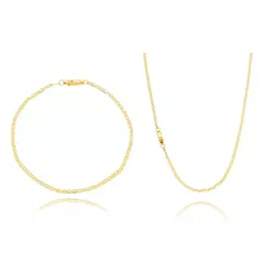 Kit Corrente e Pulseira 21cm Cadeado 1.5mm Banhado a Ouro 18K (Corrente 70cm) - KT0009