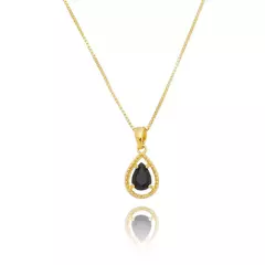 Conjunto Colar e Brinco Gota Pedra Preta Vazado Lateral Banhado a Ouro 18K - Lacora