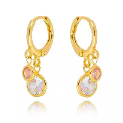 Brinco Argola Pendurada Dupla Redondo Cristal e Rosa Banhado a Ouro 18K