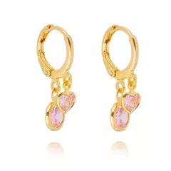 Brinco Argola Pendurada Dupla Redondo Rosa Banhado a Ouro 18K
