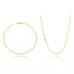 Kit Corrente e Pulseira 21cm Piastrini 2.1mm Banhado a Ouro 18K - KT0006