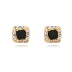 Conjunto Colar e Brinco Pedra Quadrada Preta e Zircônias ao Redor Banhado a Ouro 18K - Lacora