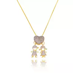 Gargantilha Canga Coração Menino e Menina Cravejados em Zircônia Cristal Banhada a Ouro 18K 45cm
