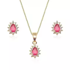 Conjunto Colar e Brinco Pedra Rosa Oval Cravejado com Zircônias Banhado a Ouro 18K