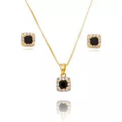 Conjunto Colar e Brinco Pedra Quadrada Preta e Zircônias ao Redor Banhado a Ouro 18K