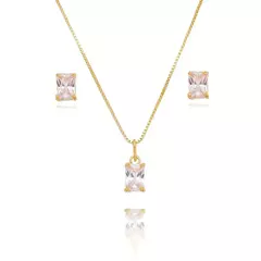 Conjunto Colar e Brinco Retângulo Cristal Banhado a Ouro 18K 