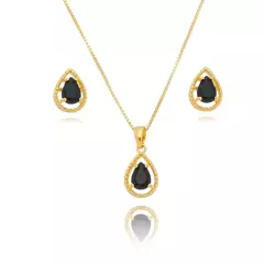 Conjunto Colar e Brinco Gota Pedra Preta Vazado Lateral Banhado a Ouro 18K