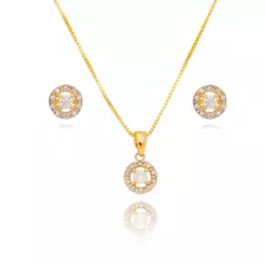 Conjunto Colar e Brinco Redondo com Zircônias Cristal Banhado a Ouro 18K