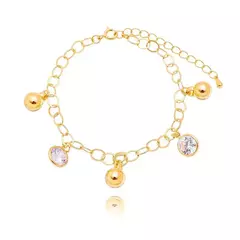 Pulseira Pingentes Pendurados Intercalando Bola e Zircônia Cristal 21cm Banhada a Ouro 18K 