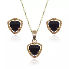Conjunto Colar e Brinco Triângulo Pedra Preta Banhado a Ouro 18K