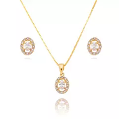 Conjunto de Colar e Brinco Ponto de Luz Oval com Zircônias Banhado a Ouro 18K - CJ0002