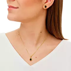 Conjunto Colar e Brinco Pedra Quadrada Preta e Zircônias ao Redor Banhado a Ouro 18K - comprar online