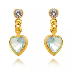 Brinco Ponto de Luz com Coração Pendurado Azul Claro Banhado a Ouro 18K