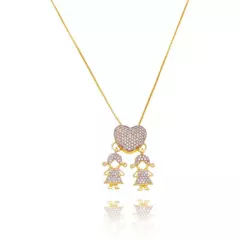 Gargantilha Canga Coração Duas Meninas Cravejados em Zircônias Cristal Banhada a Ouro 18K 45cm