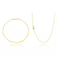 Kit Corrente e Pulseira 21cm Piastrini 2mm Banhado a Ouro 18K - KT00010
