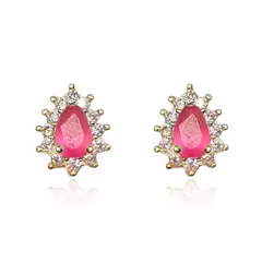 Conjunto Colar e Brinco Pedra Rosa Oval Cravejado com Zircônias Banhado a Ouro 18K na internet
