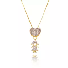 Gargantilha Canga Coração Menina Cravejado em Zircônia Cristal Banhada a Ouro 18K 45cm
