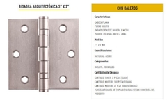 BISAGRA ARQUITECTONICA 3"X3" C/BALERO C/PLANA AI C/T 7215 - comprar en línea