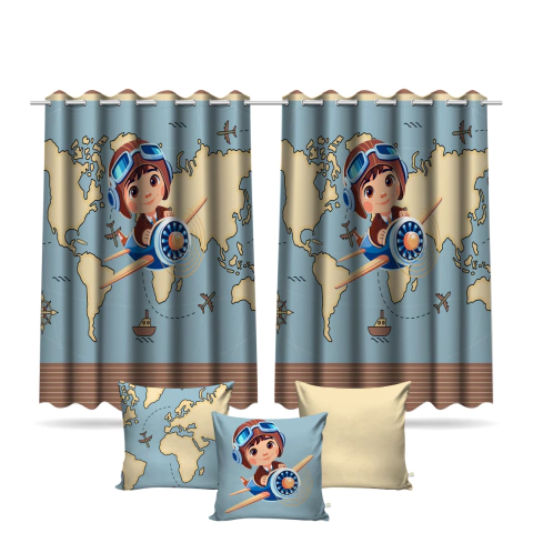 Kit Cortina + 3 Capas de Almofadas Aviador Menino